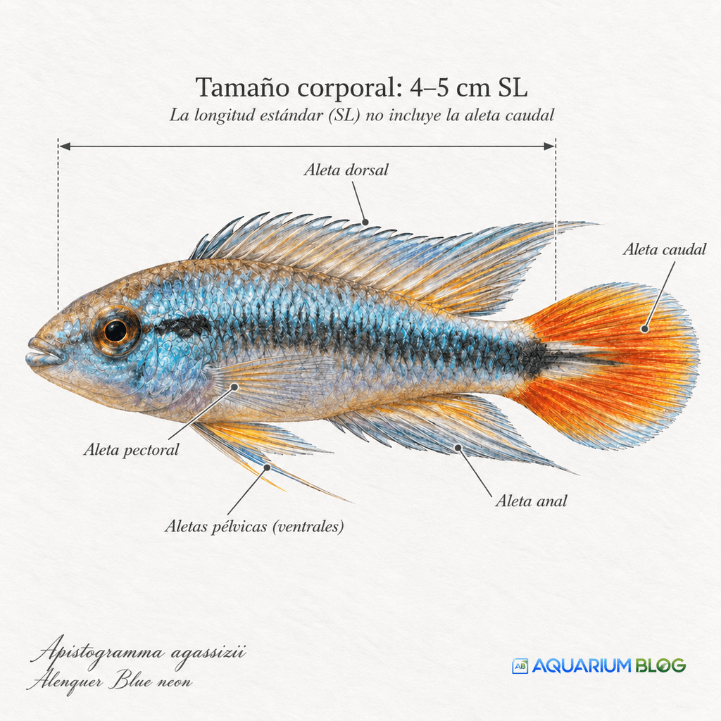 Tamaño y aletas Apistogramma agassizii alenquer neon blue macho.