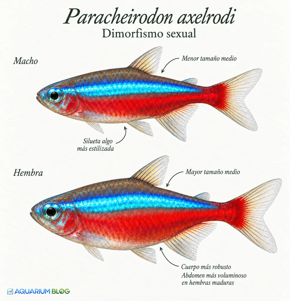 Paracheirodon Axelrodi. Tetra Cardenal. Dimorfismo sexual
