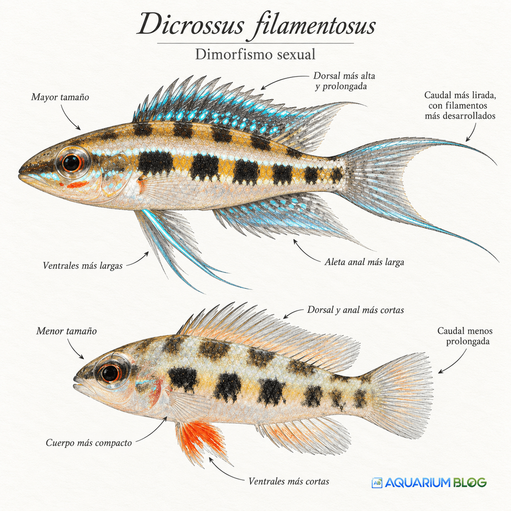 Dicrossus filamentosus — Dimorfismo sexual Atlas 