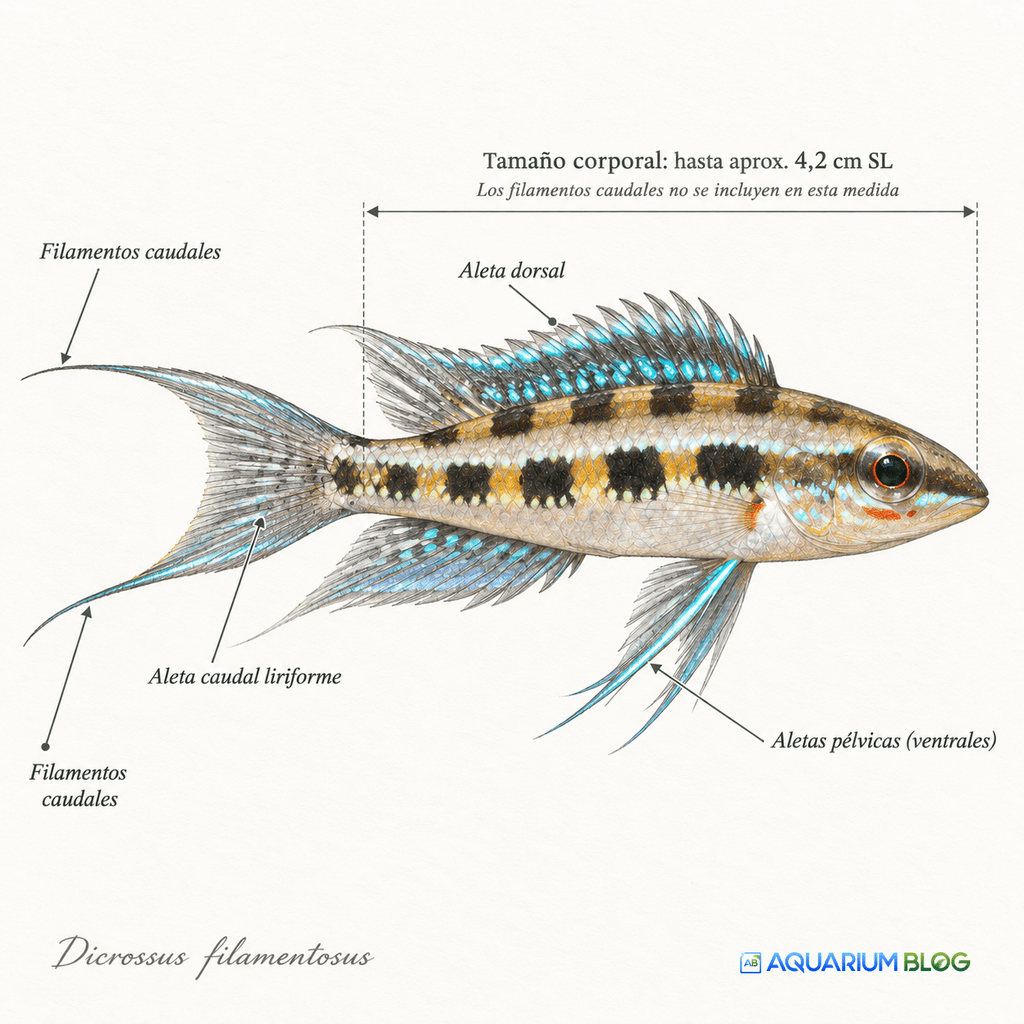 Dicrossus filamentosus — Lámina morfología y tamaño