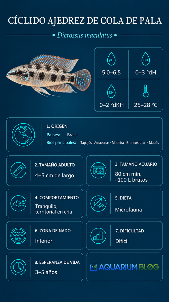 Dicrossus maculatos - ficha resumen atlas