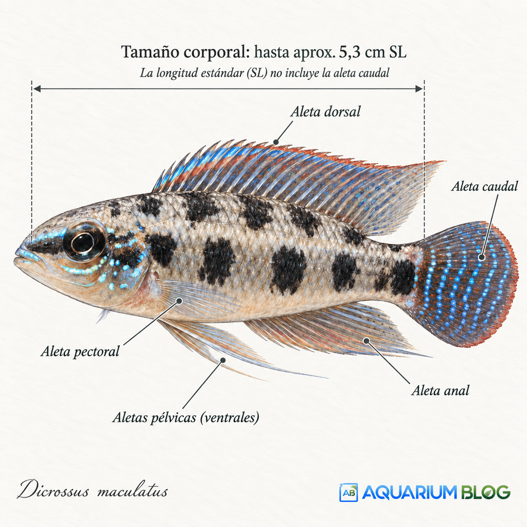 Dicrossus maculatus lamina medidas y aletas